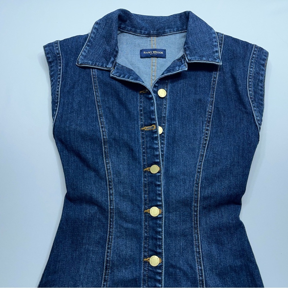 Ramy Brook Lolita Denim Mini Dress Womens 24 Indigo Dyed Button Up Sleeveless - Picture 2 of 13